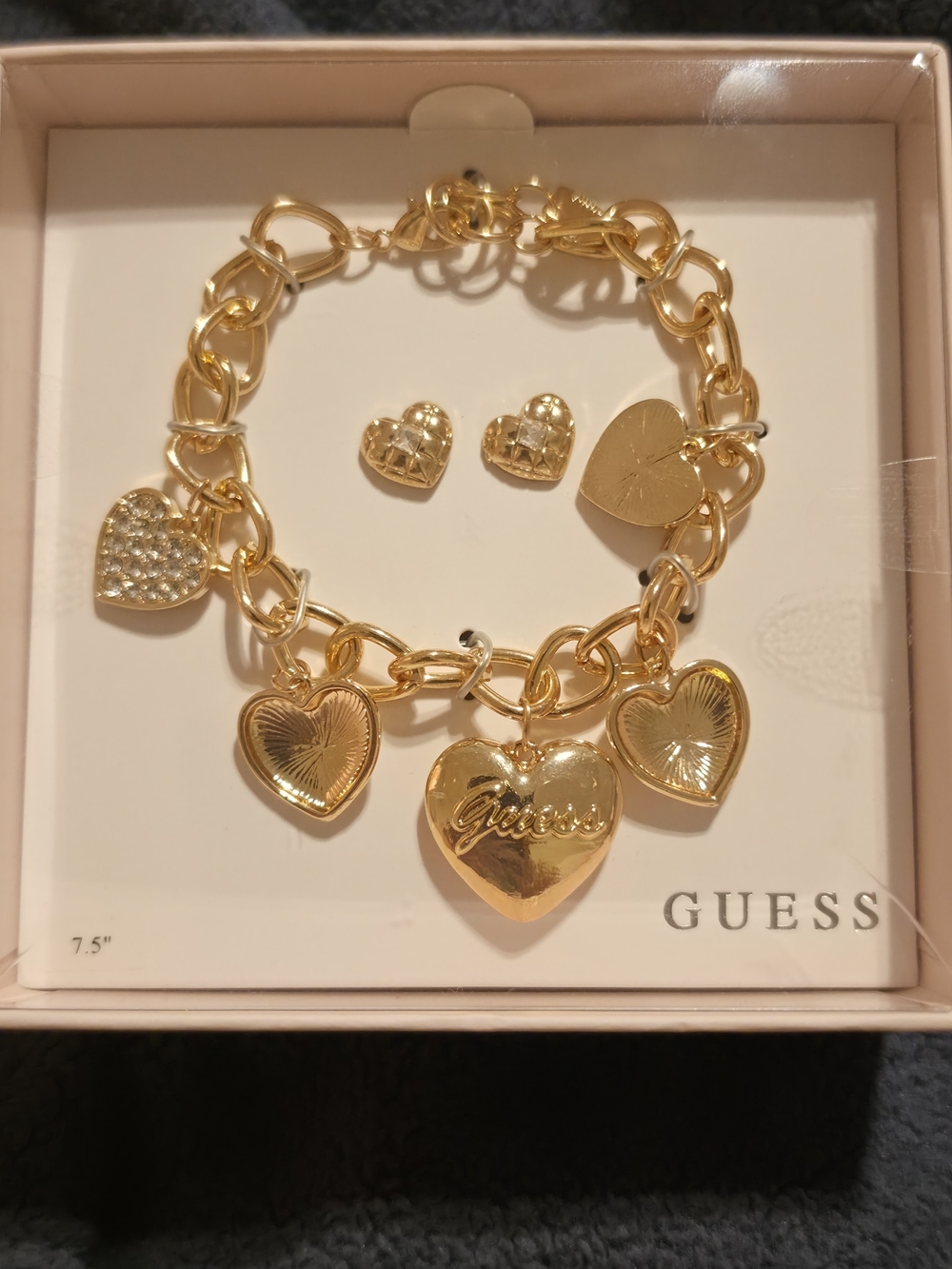 GUESS Gold Heart Charm Bracelet with Matching Heart Studs